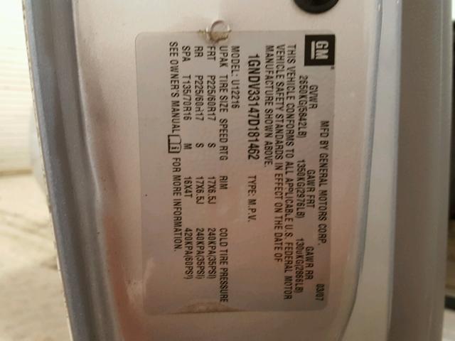 1GNDV33147D181462 - 2007 CHEVROLET UPLANDER L 银色 照片 10