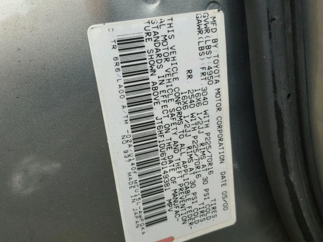 JT6HF10U6Y0149381 - 2000 LEXUS RX 300 GRAY photo 10