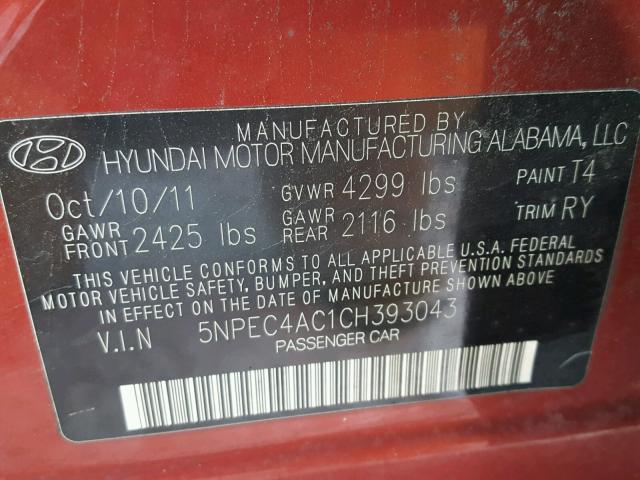 5NPEC4AC1CH393043 - 2012 HYUNDAI SONATA SE RED photo 10