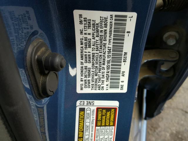 1HGFA16516L151647 - 2006 HONDA CIVIC LX BLUE photo 10