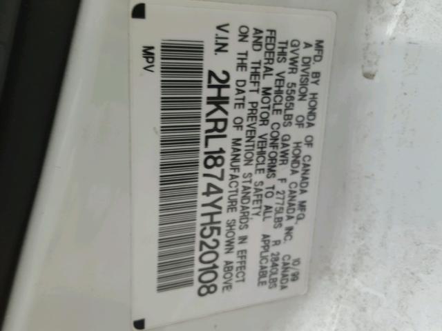 2HKRL1874YH520108 - 2000 HONDA ODYSSEY EX WHITE photo 10