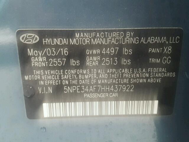 5NPE34AF7HH437922 - 2017 HYUNDAI SONATA SPO BLUE photo 10