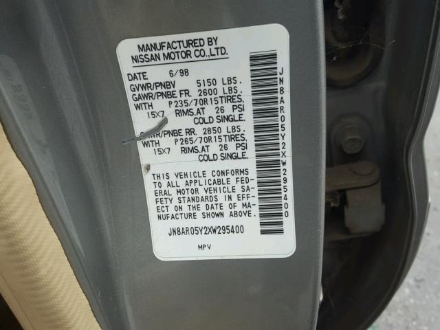 JN8AR05Y2XW295400 - 1999 NISSAN PATHFINDER GRAY photo 10