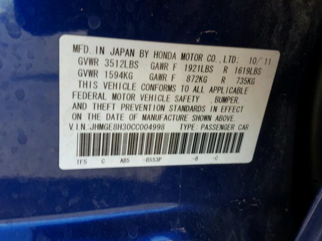 JHMGE8H30CC004998 - 2012 HONDA FIT BLUE photo 10