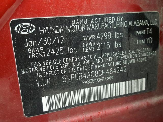 5NPEB4AC8CH464242 - 2012 HYUNDAI SONATA GLS RED photo 10