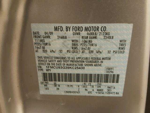 1FMCU93G39KC25430 - 2009 FORD ESCAPE XLT SILVER photo 10