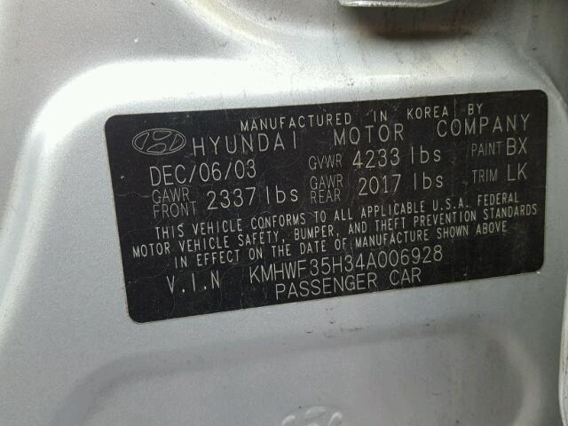 KMHWF35H34A006928 - 2004 HYUNDAI SONATA GLS SILVER photo 10