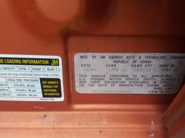 KL1TD56656B602665 - 2006 CHEVROLET AVEO BASE Turuncu fotoğraf 10