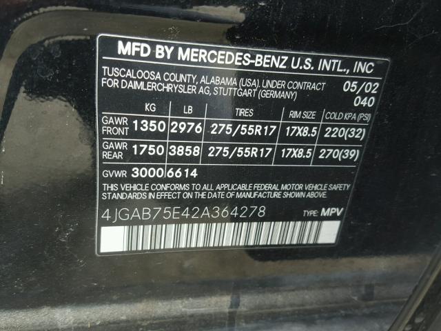 4JGAB75E42A364278 - 2002 MERCEDES-BENZ ML 500 BLACK photo 10