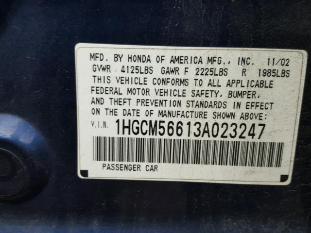 1HGCM56613A023247 - 2003 HONDA ACCORD EX BLUE photo 10