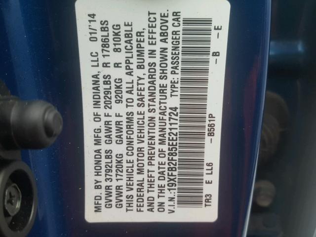 19XFB2F85EE211724 - 2014 HONDA CIVIC EX Blau Foto 10