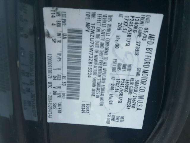 1FMZU75W73ZB15224 - 2003 FORD EXPLORER L BLACK photo 10