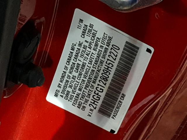 2HGFG12809H512270 - 2009 HONDA CIVIC EX წითელი ფოტო 10