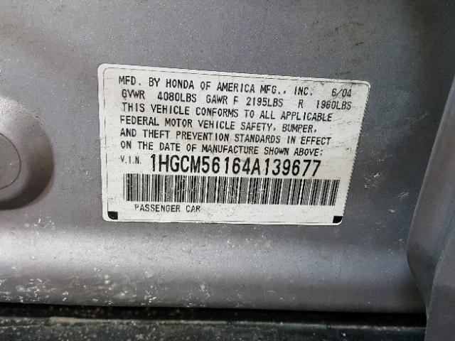 1HGCM56164A139677 - 2004 HONDA ACCORD DX GRAY photo 10