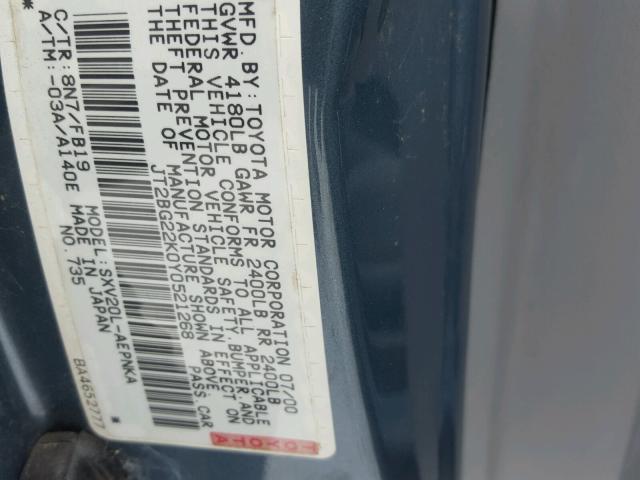 JT2BG22K0Y0521268 - 2000 TOYOTA CAMRY CE BLUE photo 10