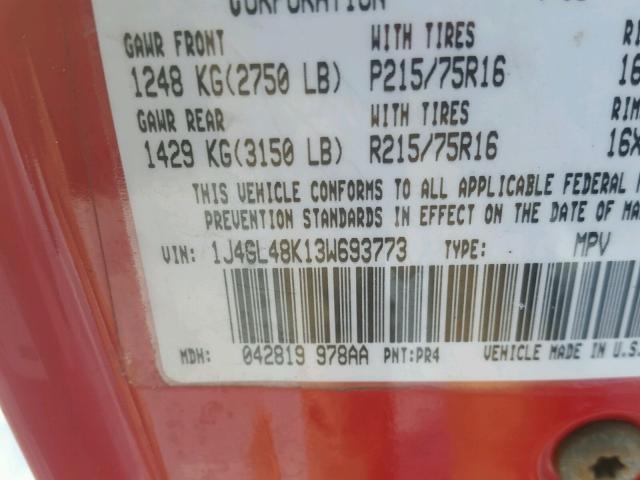 1J4GL48K13W693773 - 2003 JEEP LIBERTY SP RED photo 10