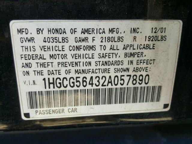 1HGCG56432A057890 - 2002 HONDA ACCORD LX BLACK photo 10