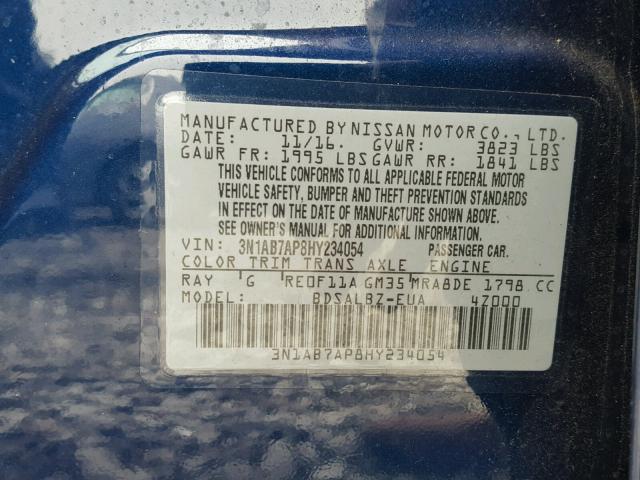 3N1AB7AP8HY234054 - 2017 NISSAN SENTRA S BLUE photo 10