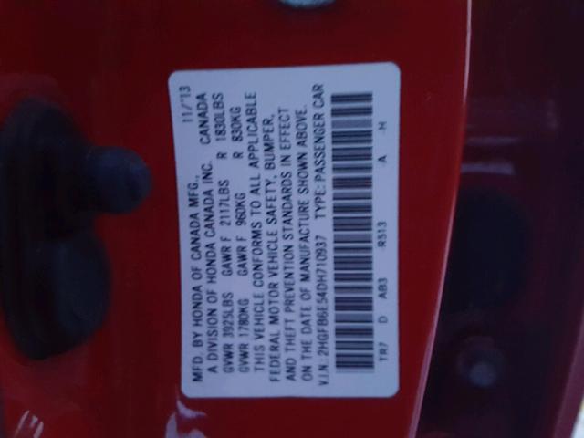 2HGFB6E54DH710937 - 2013 HONDA CIVIC SI RED photo 10