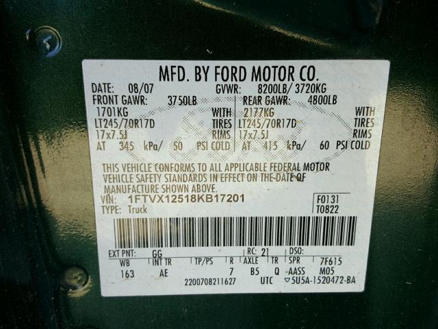 1FTVX12518KB17201 - 2008 FORD F150 GREEN photo 10