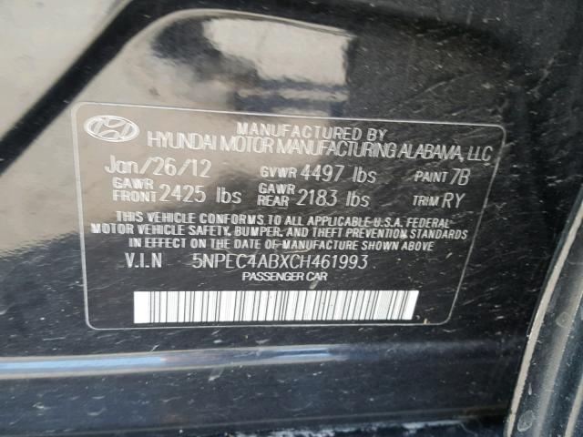 5NPEC4ABXCH461993 - 2012 HYUNDAI SONATA SE BLACK photo 10