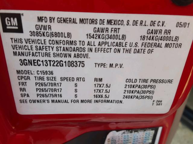 3GNEC13T22G108375 - 2002 CHEVROLET AVALANCHE RED photo 10