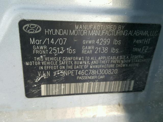 5NPET46C78H300820 - 2008 HYUNDAI SONATA GLS SILVER photo 10