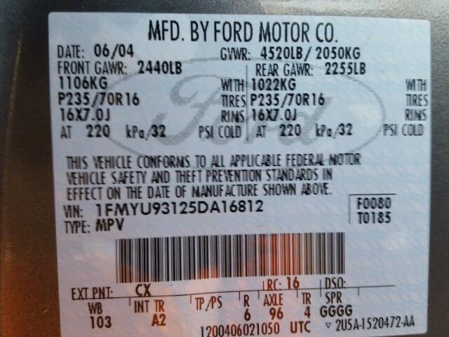 1FMYU93125DA16812 - 2005 FORD ESCAPE XLT GRAY photo 10