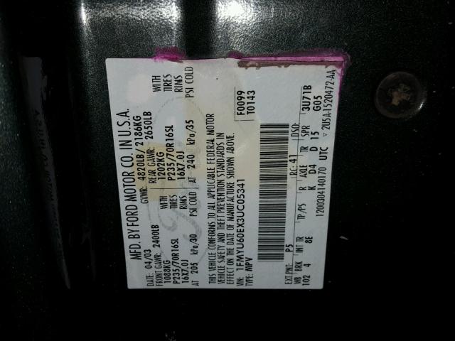 1FMYU60EX3UC05341 - 2003 FORD EXPLORER S GREEN photo 10