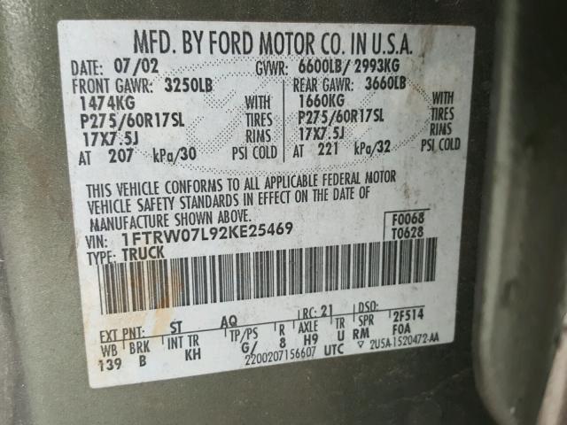 1FTRW07L92KE25469 - 2002 FORD F150 SUPER GREEN photo 10