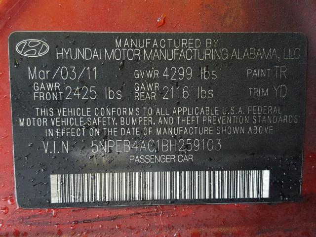 5NPEB4AC1BH259103 - 2011 HYUNDAI SONATA GLS RED photo 10