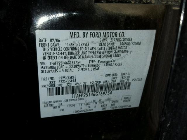 1FAFP25146G169754 - 2006 FORD FIVE HUNDR BLACK photo 10