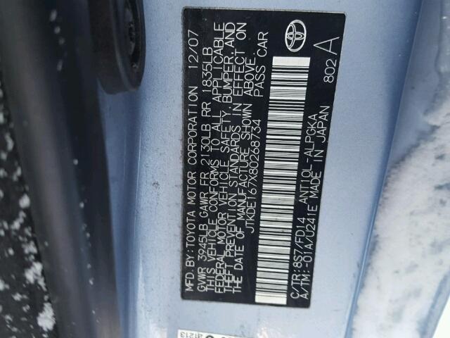 JTKDE167X80268734 - 2008 TOYOTA SCION TC 蓝色 照片 10