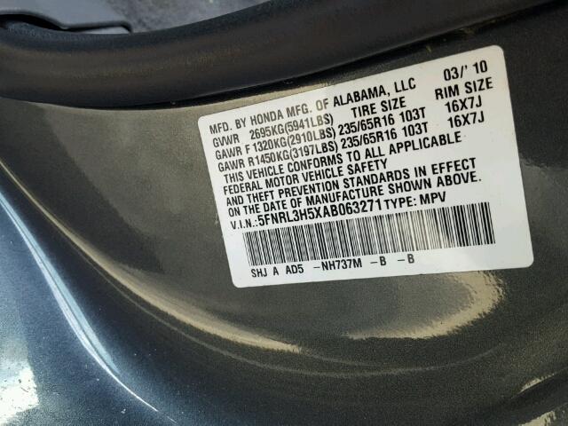 5FNRL3H5XAB063271 - 2010 HONDA ODYSSEY EX GRAY photo 10