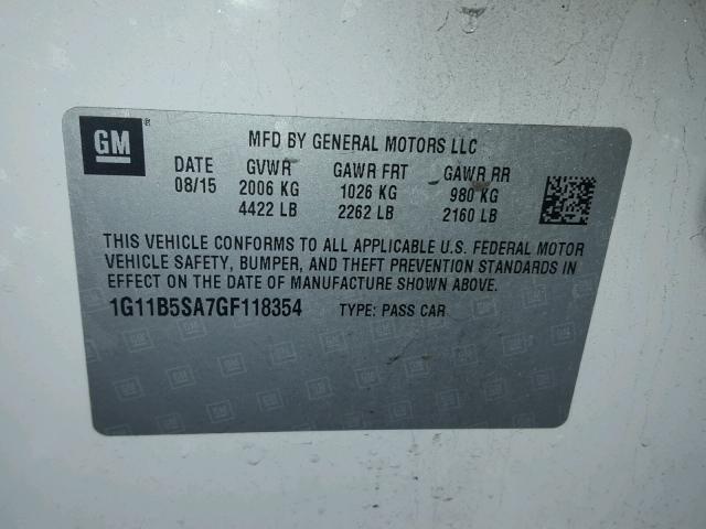 1G11B5SA7GF118354 - 2016 CHEVROLET MALIBU LIM 白色 照片 10