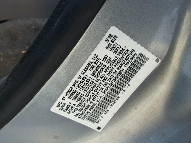 5FNRL38718B055331 - 2008 HONDA ODYSSEY EX SILVER photo 10