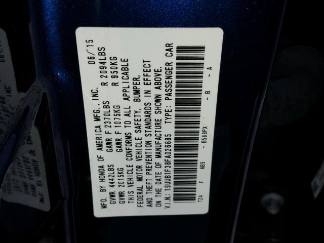 19UUB1F38FA026885 - 2015 ACURA TLX BLUE photo 10