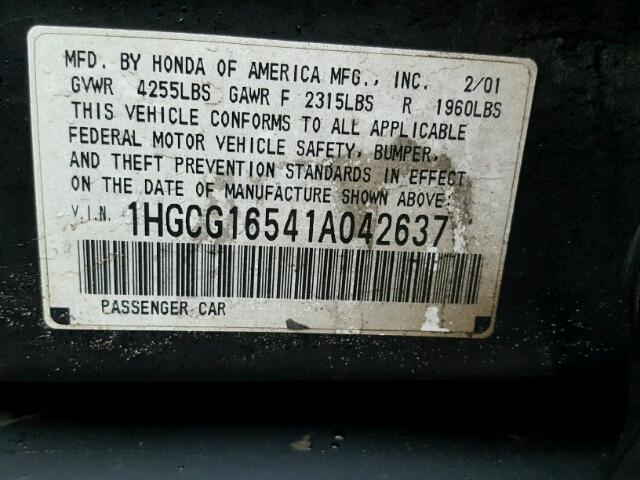 1HGCG16541A042637 - 2001 HONDA ACCORD EX BLACK photo 10