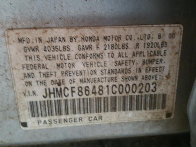 JHMCF86481C000203 - 2001 HONDA ACCORD DX SILVER photo 10