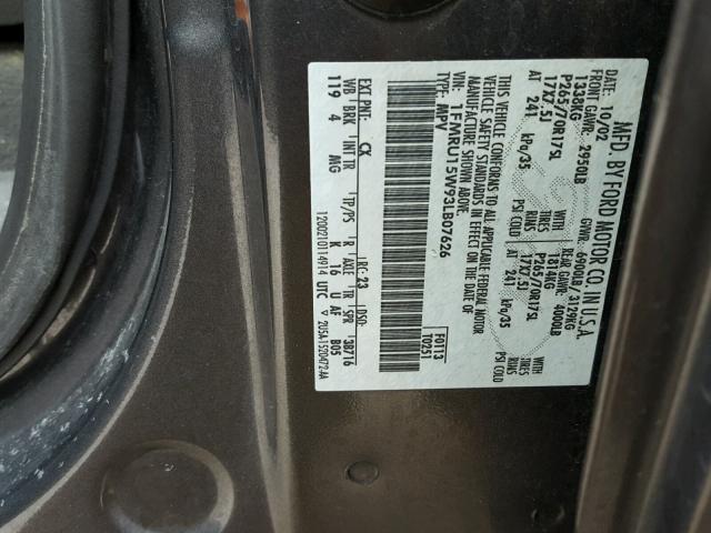 1FMRU15W93LB07626 - 2003 FORD EXPEDITION GRAY photo 10