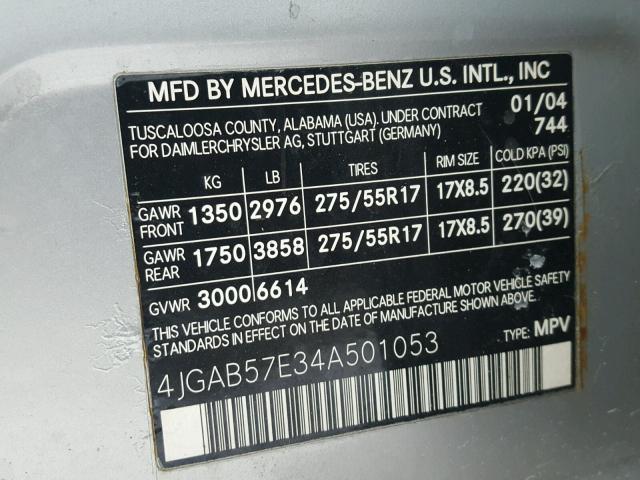 4JGAB57E34A501053 - 2004 MERCEDES-BENZ ML 350 SILVER photo 10