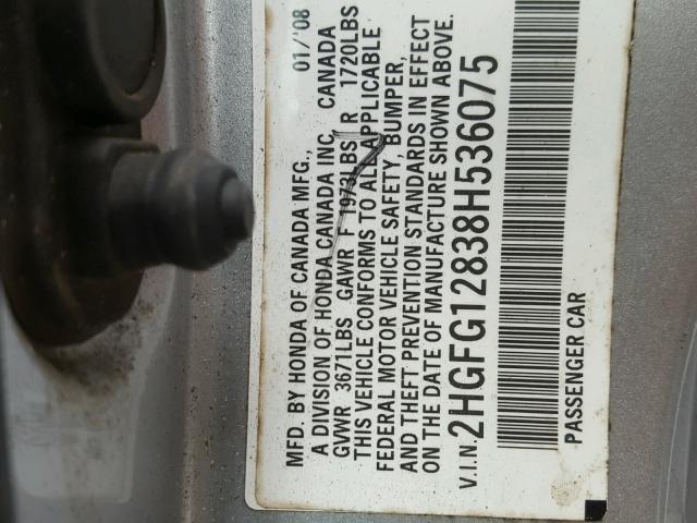 2HGFG12838H536075 - 2008 HONDA CIVIC EX SILVER photo 10