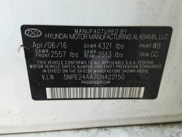 5NPE24AA7GH422150 - 2016 HYUNDAI SONATA ECO WHITE photo 10