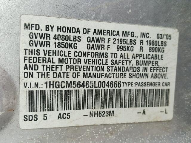 1HGCM56465L004666 - 2005 HONDA ACCORD LX GRAY photo 10