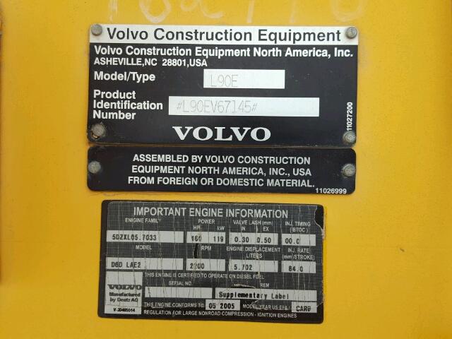 L90EV67145 - 2005 VOLVO L90E Q/C YELLOW photo 10