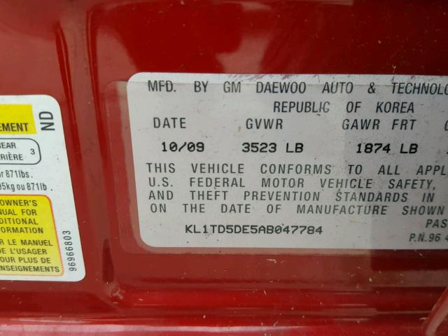 KL1TD5DE5AB047784 - 2010 CHEVROLET AVEO LS 红色 照片 10