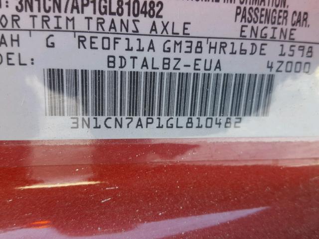 3N1CN7AP1GL810482 - 2016 NISSAN VERSA S RED photo 10