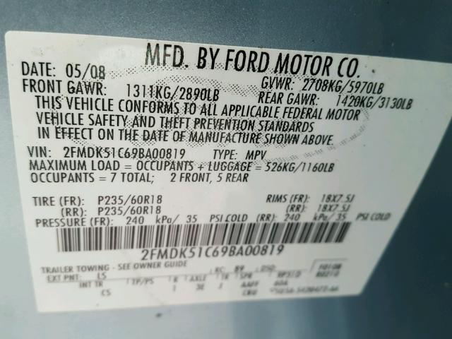 2FMDK51C69BA00819 - 2009 FORD FLEX SE BLUE photo 10