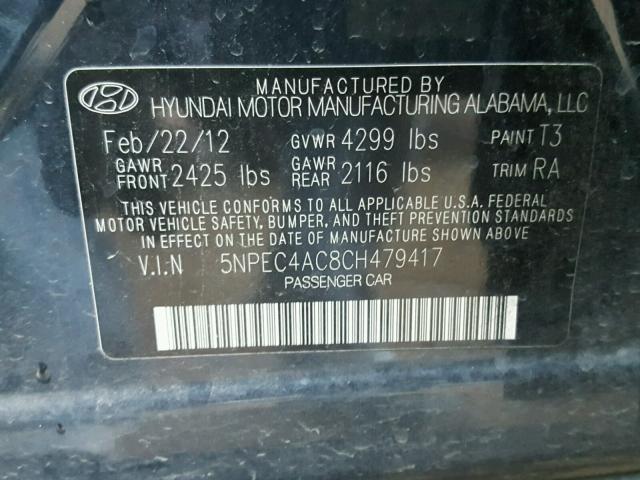 5NPEC4AC8CH479417 - 2012 HYUNDAI SONATA SE BLACK photo 10