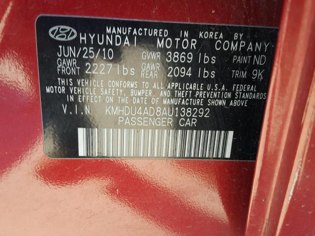 KMHDU4AD8AU138292 - 2010 HYUNDAI ELANTRA BL RED photo 10